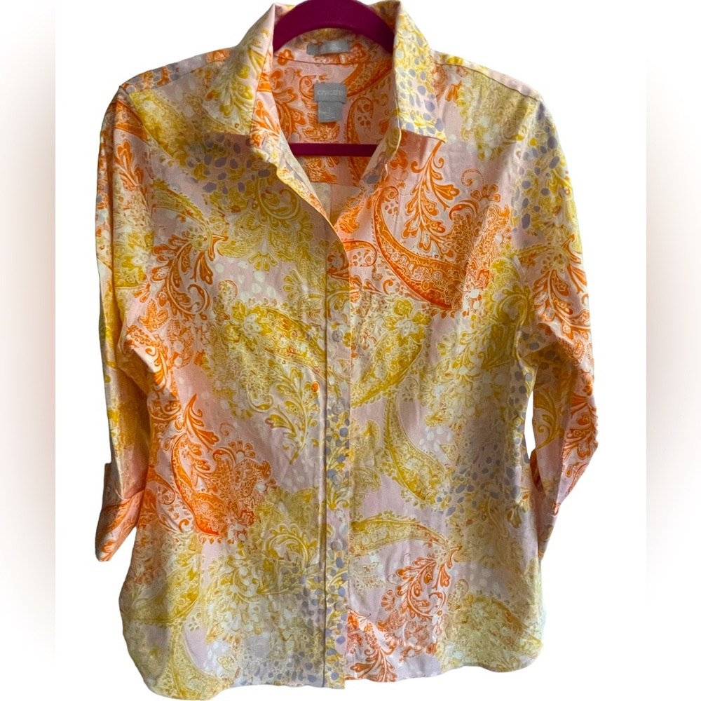 🔥🧡Chico’s size 2 (L/12) colorful no iron stretch button up blouse. 3/4 sleeves